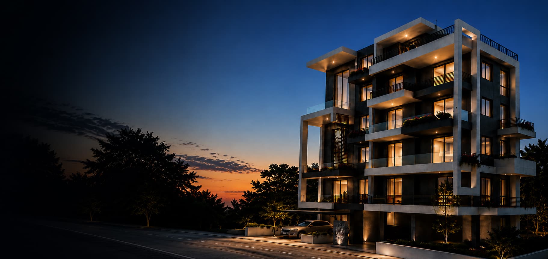 Το κτήριο Lumier Residences στο Λουτράκι, blue hour